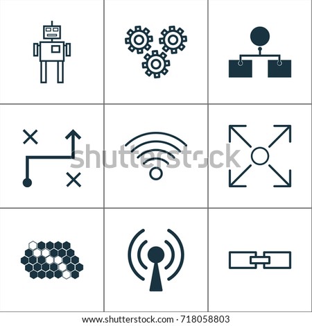 Robotics Icons Set. Collection Of Solution, Branching Program, Radio Waves And Other Elements. Also Includes Symbols Such As Network, Wi-Fi, Arrow.