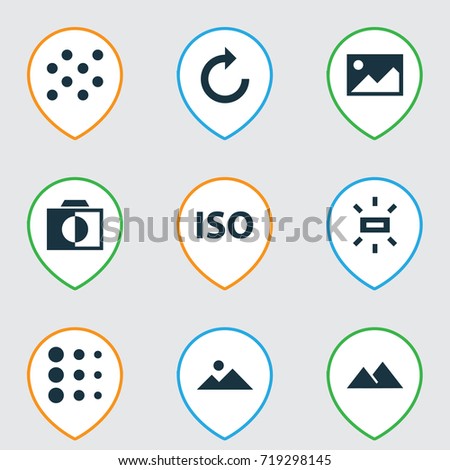 Picture Icons Set. Collection Of Mountain, Round, Light Level And Other Elements. Also Includes Symbols Such As Camera, Brightness, Refresh.