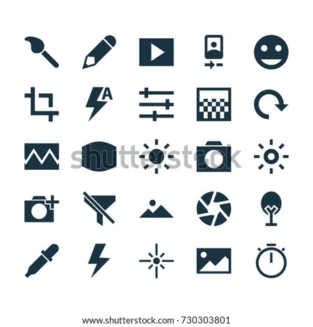 Image Icons Set. Collection Of No Filter, Center Focus, Chessboard And Other Elements. Also Includes Symbols Such As Play, Chronometer, Pencil.