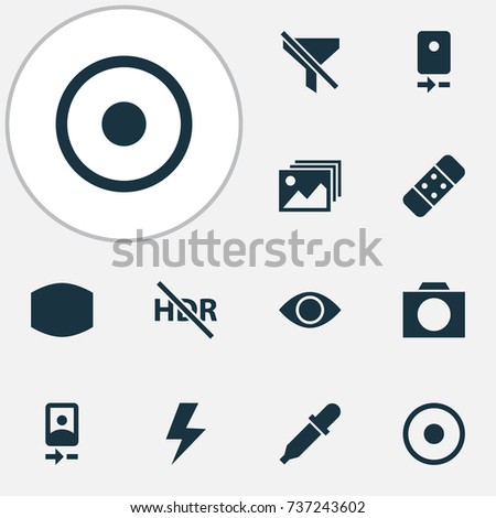 Photo Icons Set. Collection Of Dartboard, Flash, Camera Rear And Other Elements. Also Includes Symbols Such As Apparatus, No, Thunder.