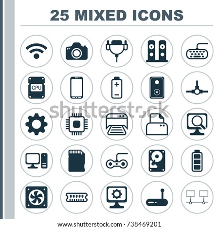 Computer Chip Icons Set. Collection Of Wireless, Battery, Connected Devices And Other Electronics Elements. Also Includes Symbols Such As Printer, VGA and Chip Icon.