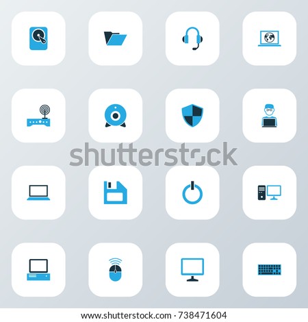 Computer Colorful Icons Set. Collection Of Notebook, Display, Camera And Other Elements. Also Includes Symbols Such As Start, Security, Earphones.