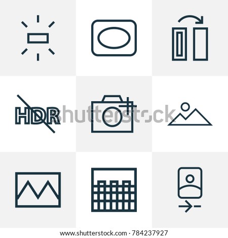 Picture icons line style set with wb sunny, add a photo, broken image and other vignette elements. Isolated vector illustration picture icons.