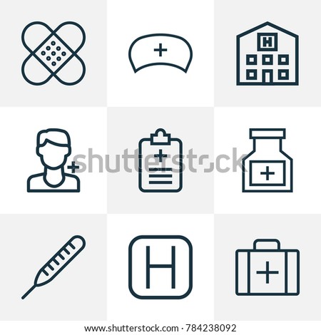 Medicine icons line style set with medicine, medical hat, hospital and other rapport  elements. Isolated vector illustration medicine icons.