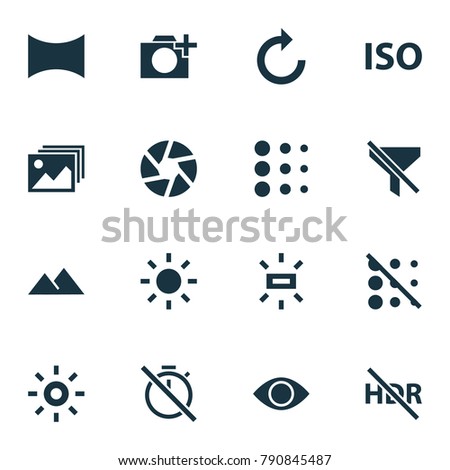 Image icons set with shine, no filter, photographing and other hdr off elements. Isolated vector illustration image icons.