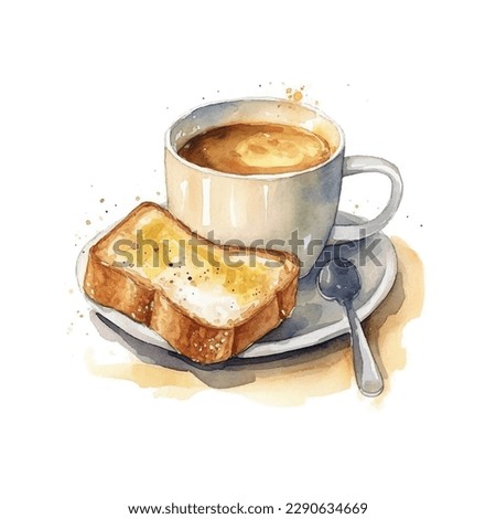 Simple breakfast of coffee and butter toast in watercolor