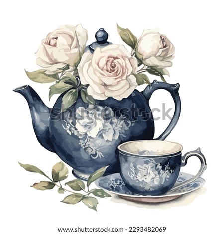 Classic navy blue porcelain tea pot and tea cup as one set on watercolor