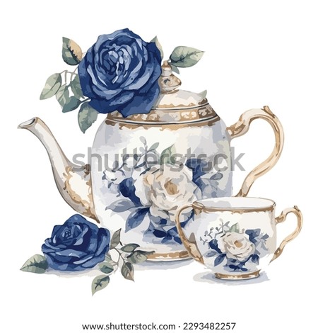 Classic white porcelain tea set with tea pot and tea cup in watercolor with navy blue rose