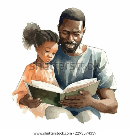 Black father reads a storybook for his daughter in watercolor