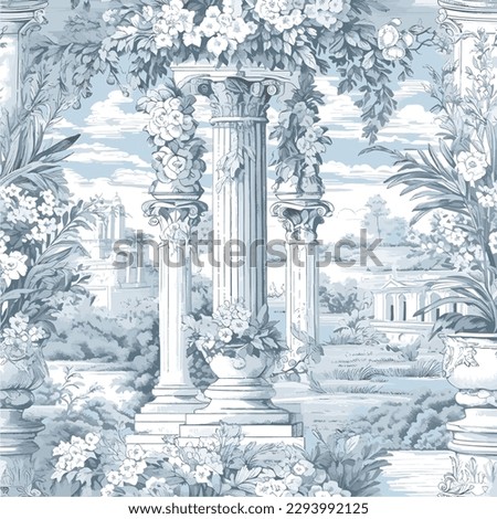 Ancient pillar in a garden toile de jouy seamless pattern illustration