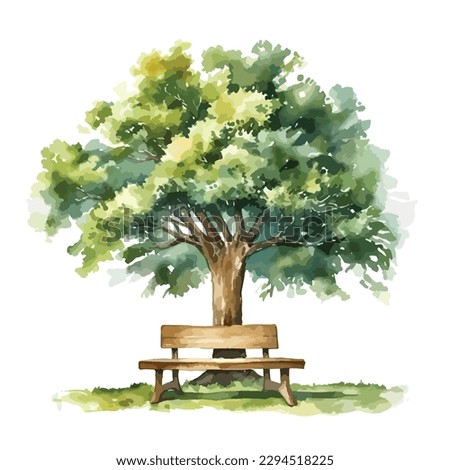 Summer tree with a bench underneath in watercolor