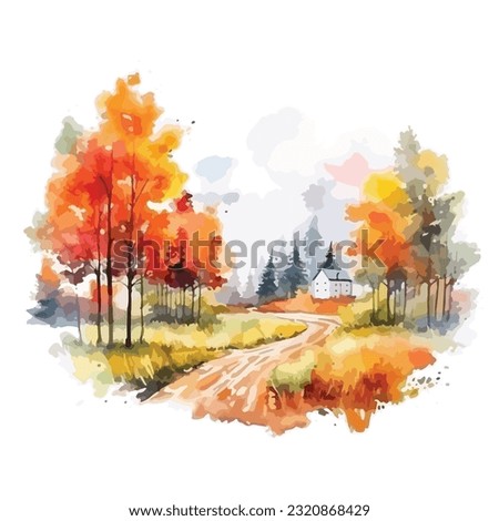 autumn foliage scenery in small village watercolor painting