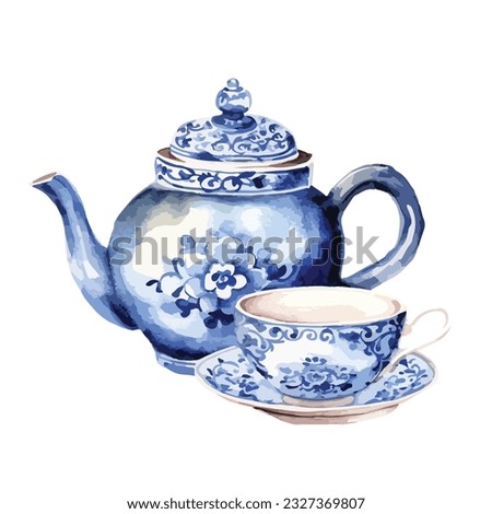 blue chinoiserie tea pot and tea cup in watercolor