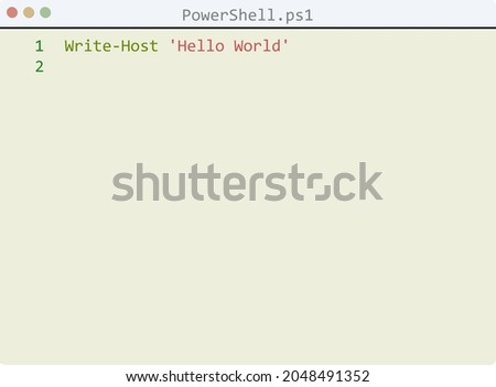 PowerShell language Hello World program sample in editor window