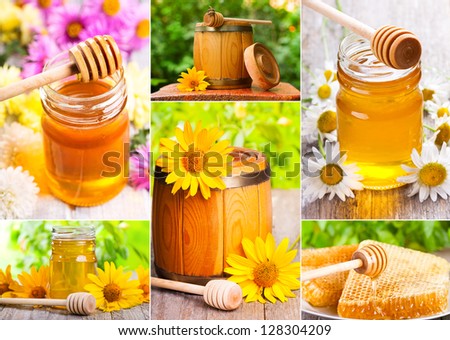 collage of fresh  honey and honeycombs