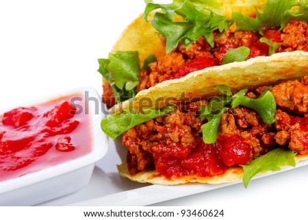 tacos with fresh tomatoes salsa on white background