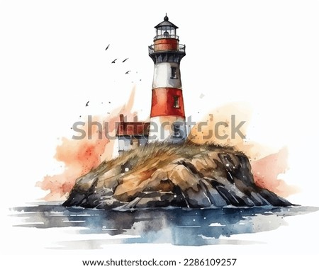 watercolor lighthouse on a rock overlooking the ocean
