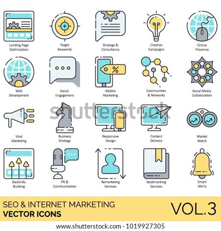 SEO & Internet Marketing Icons - Volume 3. Search Engine Optimization, Online Marketing, Digital Marketing, Social Media, Content Management vector concepts. 