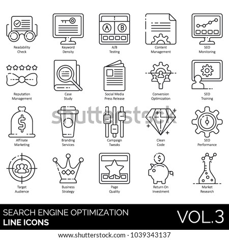 SEO & web line icons. Readability check, keyword density, ab testing, content management, reputation, case study, press release, conversion, affiliate marketing, clean code, target audience, branding.