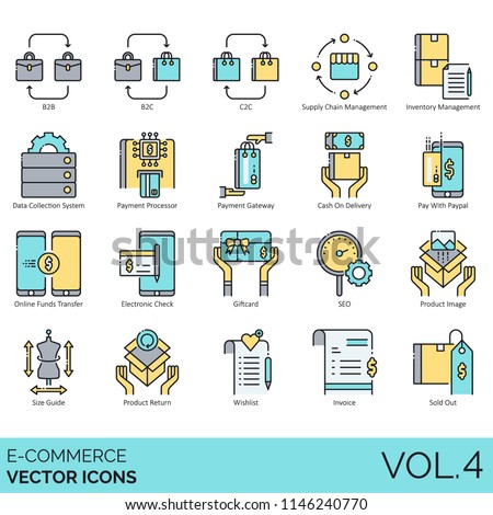 E-commerce vector icons. B2B, supply chain management, inventory, data collection system, payment processor, gateway, cash on delivery, online funds transfer, electronic check, seo, invoice, sold out.