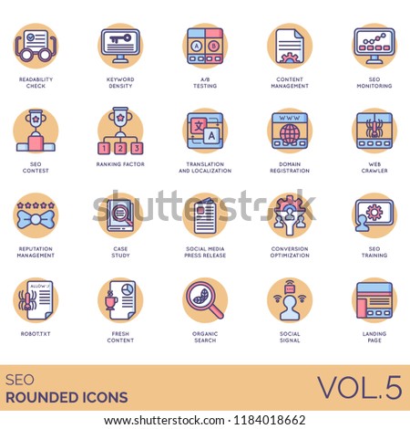 SEO rounded icon set. Readability check, keyword density, content management, contest, ranking factor, translation, domain registration, case study, press release, conversion, search, landing page.