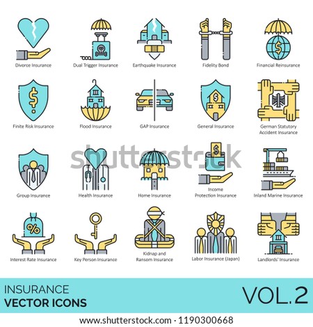 Insurance vector icons. Divorce, dual trigger, earthquake, fidelity bond, financial, finite risk, flood, gap, health, home, inland marine, interest rate, key person, kidnap and ransom, labor, landlord