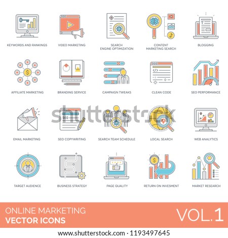 Keywords and rankings, blogging, branding service, campaign tweaks, clean code, seo performance, copywriting, team schedule, web analytics, target audience, strategy online marketing vector icons.