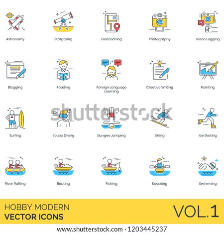 Hobby icons including astronomy, stargazing, geocaching, photography, blogging, reading, language learning, creative writing, painting, surfing, scuba diving, bungee jumping, skiing, ice skating.