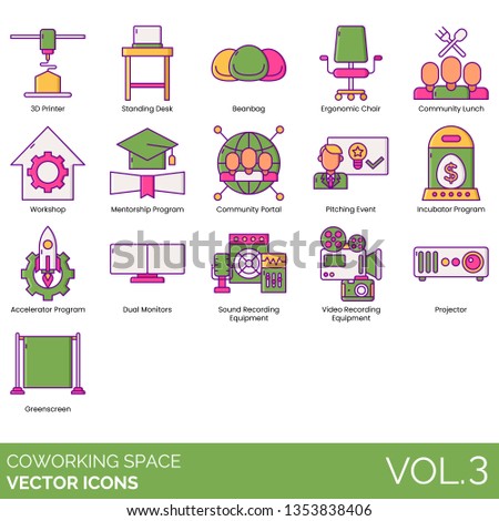 Coworking space icons including 3D printer, standing desk, beanbag, ergonomic chair, community lunch, workshop, mentorship program, portal, pitching event, incubator, accelerator, dual monitors, video