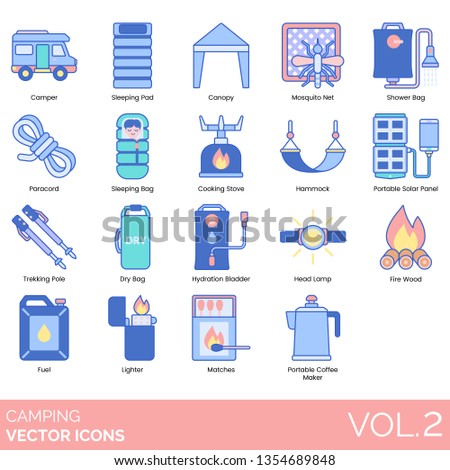 Camping icons including camper, sleeping pad, canopy, mosquito net, shower bag, cooking stove, hammock, portable solar panel, trekking pole, dry, hydration bladder, headlamp, firewood, fuel.