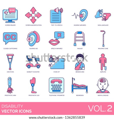 Disability icons including screen reader, magnification, text to speech, hearing impaired, sign language, closed captioning, aid, walker, walking cane, crutches, mobility scooter, stair lift, amputee.