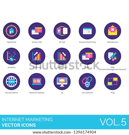 Internet marketing icons including hyperlocal, anchor text, alt, keyword stemming, hard bounce, analytics, traffic up, down, CMS, domain name, dynamic website, hit, link authority, ping.