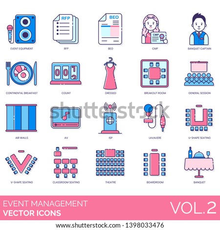 Event management icons including equipment, rfp, beo, cmp, banquet captain, continental breakfast, count, dressed, breakout room, general session, air walls, isp, lavaliere, u shape seating, theatre.
