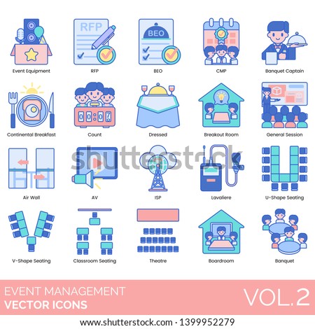 Event management icons including equipment, rfp, beo, cmp, banquet captain, continental breakfast, count, dressed, breakout room, air wall, av, isp, lavaliere, seating, classroom, theatre, boardroom.