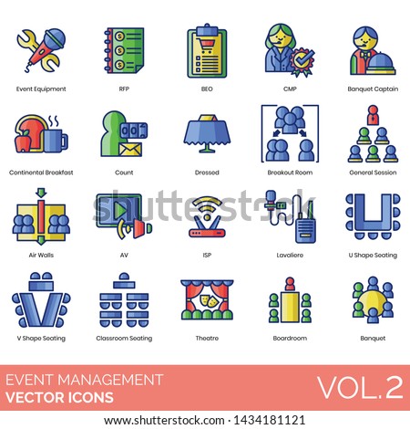 Event management icons including equipment, rfp, beo, cmp, banquet captain, continental breakfast, count, dressed, breakout room, general session, air walls, av, isp, lavaliere, seating, classroom.