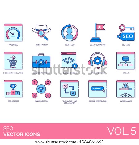 SEO icons including page speed, white hat, goals completion, tags, e-commerce solution, portfolio, custom coding, support, sitemap, contest, ranking factor, translation, localization, domain, crawler.