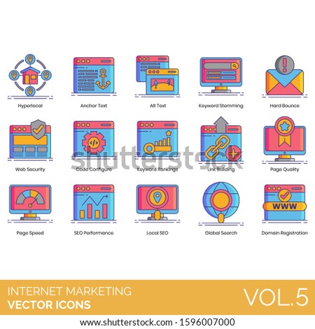 Internet marketing icons including hyperlocal, anchor text, alt, stemming, hard bounce, security, code configure, link building, page quality, speed, performance, local SEO, global search, domain.