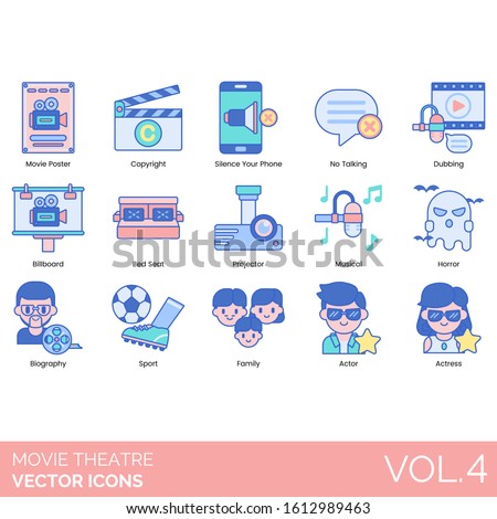 Movie theater icons including poster, copyright, silence your phone, no talking, dubbing, billboard, bed seat, projector, musical, horror, biography, sport, family, actor, actress.