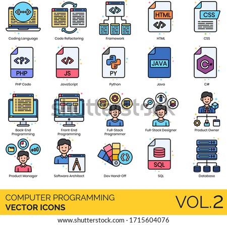 Computer programming icons including coding language, code refactoring, framework, HTML, CSS, PHP, javascript, python, java, C#, back-end, front-end, full stack programmer, designer, product owner.