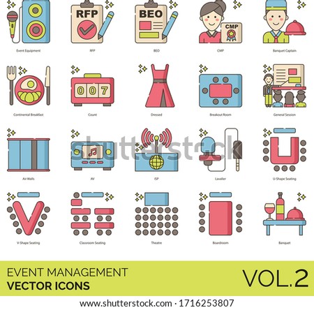 Event management icons including equipment, rfp, beo, cmp, banquet captain, continental breakfast, count, dressed, breakout room, general session, air walls, av, isp, lavaliere, classroom, theatre.