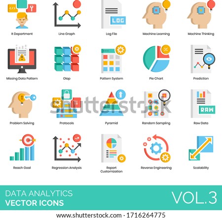 Data analytics icons including IT department, line graph, log file, machine learning, thinking, missing pattern, olap, system, pie chart, prediction, problem solving, protocols, random sampling, raw.