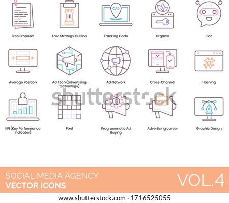 Social media agency icons including free proposal, strategy outline, tracking code, organic, bot, average position, ad tech, network, cross channel, hashing, KPI, pixel, programmatic buying, career.