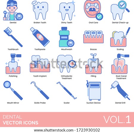 Dental icons including dentist, broken tooth, shiny teeth, oral care, checkup, toothbrush, toothpaste, mouthwash, braces, scaling, polishing, implant, orthodontic treatment, filling, root canal, mouth
