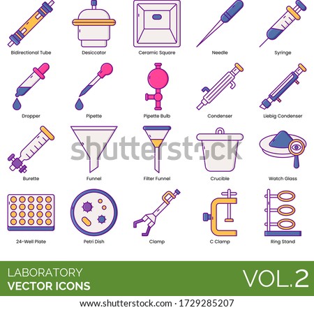 Laboratory icons including bidirectional tube, desiccator, ceramic square, needle, syringe, dropper, pipette bulb, liebig condenser, burette, filter funnel, crucible, watch glass, petri dish, C clamp.