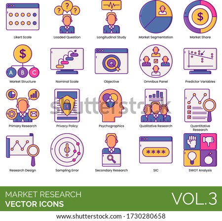 Market research icons including likert scale, longitudinal study, segmentation, share, structure, nominal, objective, omnibus panel, psychographics, qualitative, quantitative, design, sampling error.