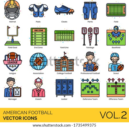 American football icons including helmet, pads, cleats, pants, field goal, end zone, yard line, yardage, backfield, league, association, college, professional, scout, manager, coach, locker, team.
