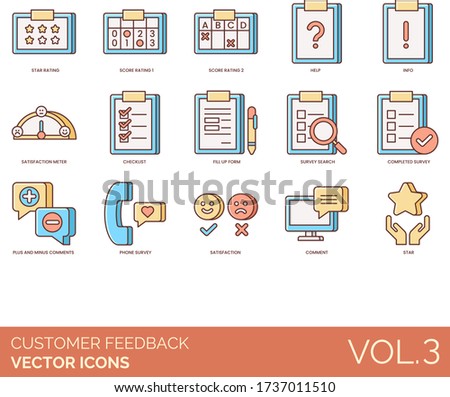 Customer feedback icons including star rating, score, help, info, satisfaction meter, checklist, fill up form, search, completed survey, plus minus comment, phone.