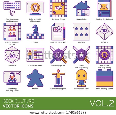 Geek culture icons including gaming mouse and keyboard, point and click videogame, tabletop, house rules, trading card, co-op, chess, pen and paper RPG, dice, character sheet, role play system, meeple