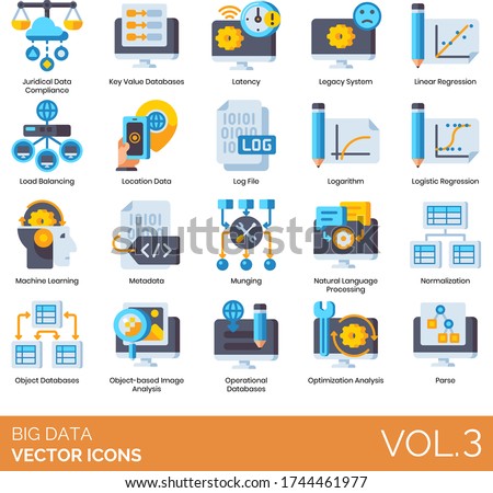 Big data icons including juridical compliance, key value database, latency, legacy system, linear regression, load balancing, location, log file, logarithm, logistic, machine learning, metadata, parse