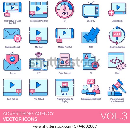 Advertising agency icons including interactive in-app pre-roll, kpi, linear tv, makegoods, message recall, mid-roll, mobile, mrc, open exchange, opt in, ott, page request, pii, pixel, post-roll ad.